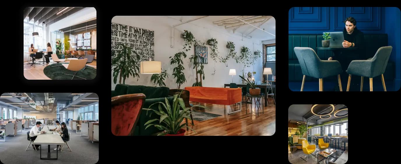 Cinq images d'espaces de coworking